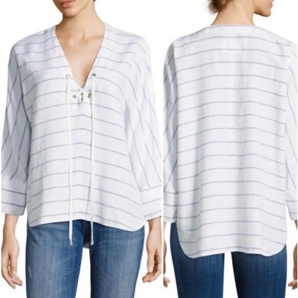 Rails Lily Positano Stripe Linen Tunic Top Size XS White Blue Stripes Flowy - Picture 2 of 11